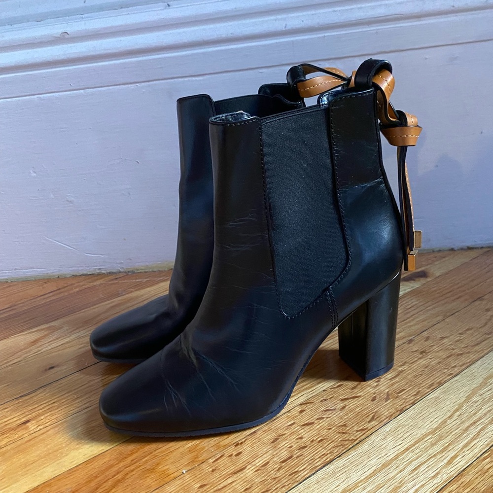 Stuart Weizmann black leather booties, high heel, size 7.5